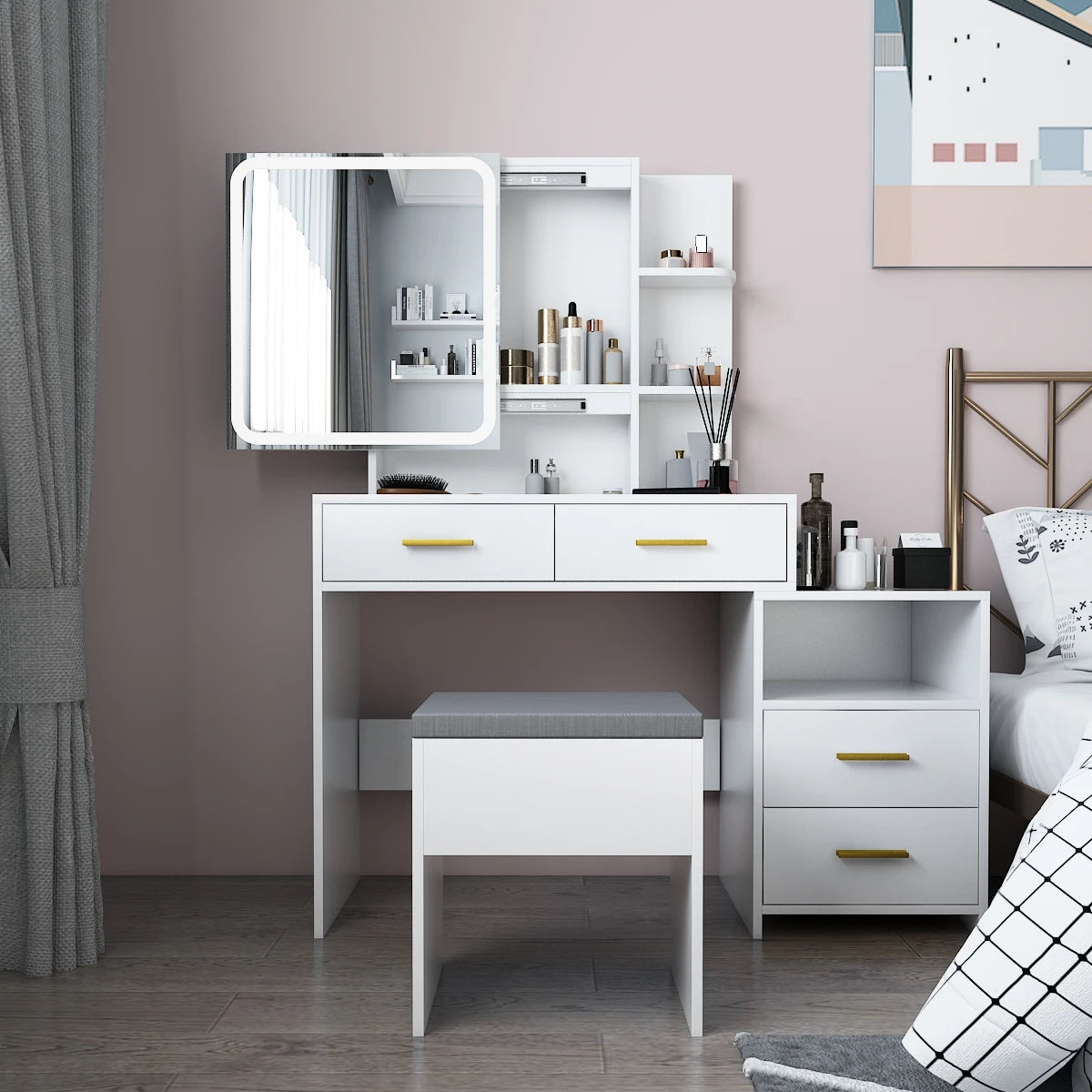 4-Drawer Dressing Table Set with Mirror Cabinet, LED Three-Tone Light, and Storage Cabinet - Modern White Furniture for Bedroom