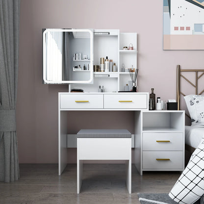 4-Drawer Dressing Table Set with Mirror Cabinet, LED Three-Tone Light, and Storage Cabinet - Modern White Furniture for Bedroom