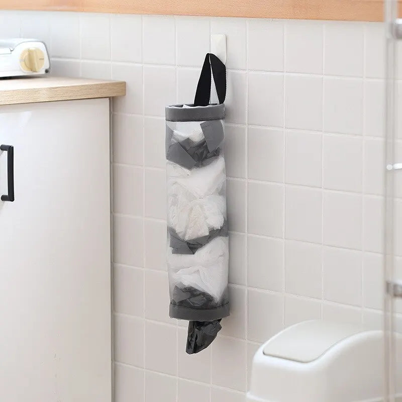 1pc Grey Sundries Bag Storage Wall Mount Mesh Plastic Bags Dispenser Hanging Reused Storage Pouch Trash Bags Kitchen Garbage Org