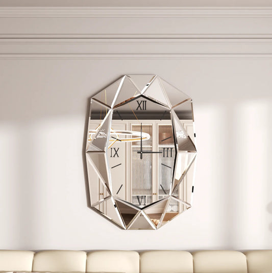 3 Colors Geometric Mirrored Hnaging Clock Irregular Decorative Beveled Glass Wall Clock with Roman Numerals