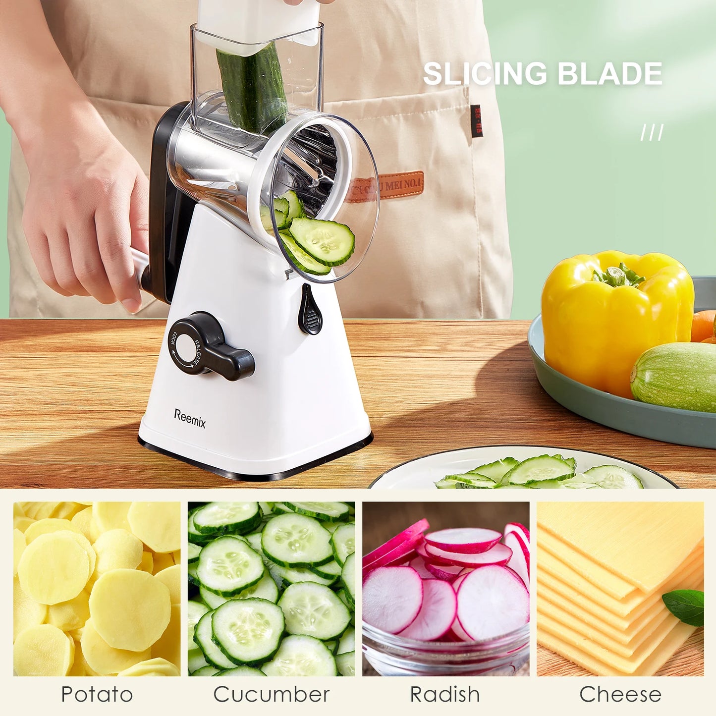 Rotary Cheese Grater, Reemix Rotary Vegetable Slicer, Rotary Kitchen Mandoline Vegetable Slicer with 3 Replaceable Stainless Ste