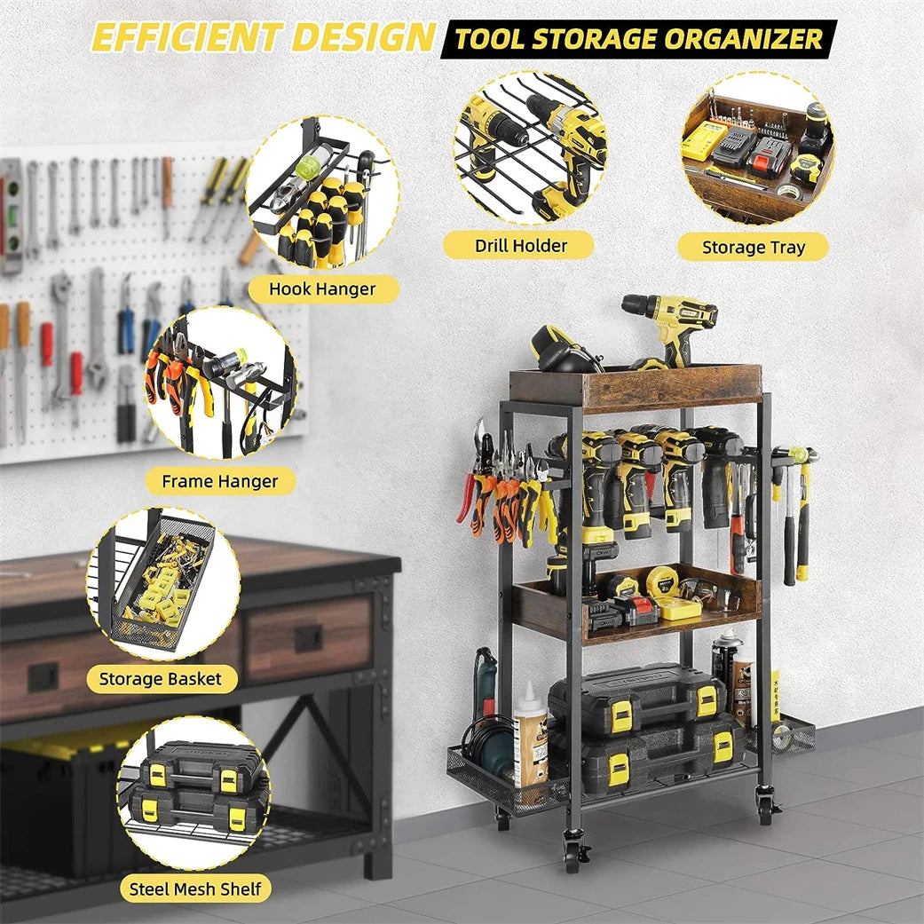 Rolling Power Tool Organizer Cart, Storage Cart on Wheels , with Drill Rack, Open Tool Organizer, Heavy Duty, 4 Tier