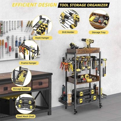 Rolling Power Tool Organizer Cart, Storage Cart on Wheels , with Drill Rack, Open Tool Organizer, Heavy Duty, 4 Tier