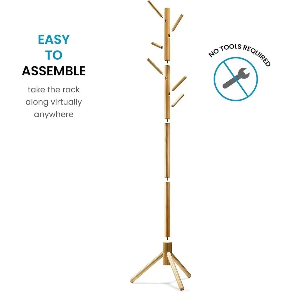 ZOBER Coat Rack Free Standing - Wooden Coat Tree W/ 6 Hooks - Coats, Purses, Hats - Adjustable Sizes, Easy Assembly - Natural