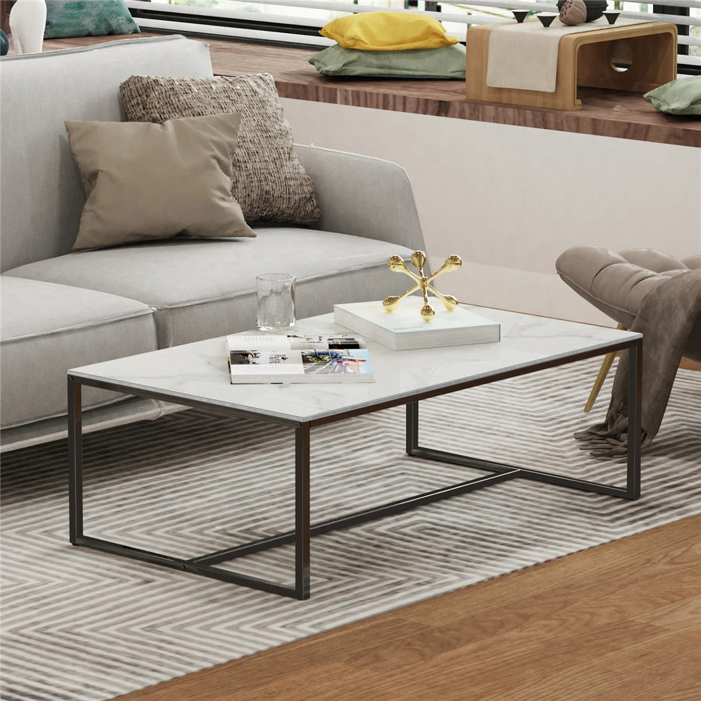 Real Marble Coffee Table, Open Accent Furniture, Living Room Table with Metal Frame, Sofa Center Tea Table, 3 Colors