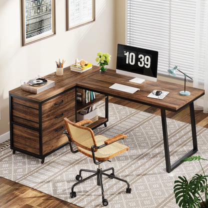 Tribesigns L-Shaped Computer Desk with 3 Drawers, Reversible Corner Home Office Desk with Shelves, 53-Inch Industrial PC Desk St