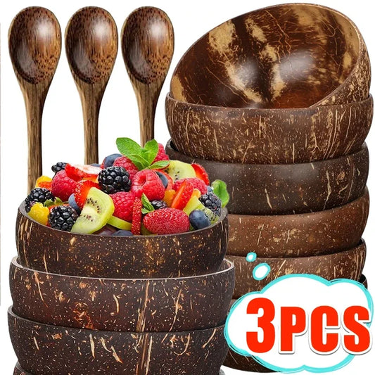 Natural Coconut Bowls And Wooden Spoon Sets Reusable Coconut Shell Bowls For Dessert Yogurt Fruit Salad Kitchen Tableware