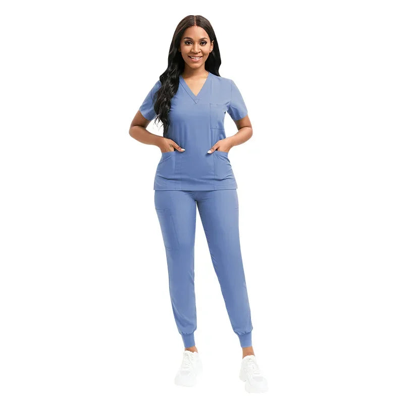 Women V-neck Short Sleeve Scrubs Surgical Nursing Uniforms Nurse Pocket Workwear Dentist Medical Uniforms Clinic Scrub Suit