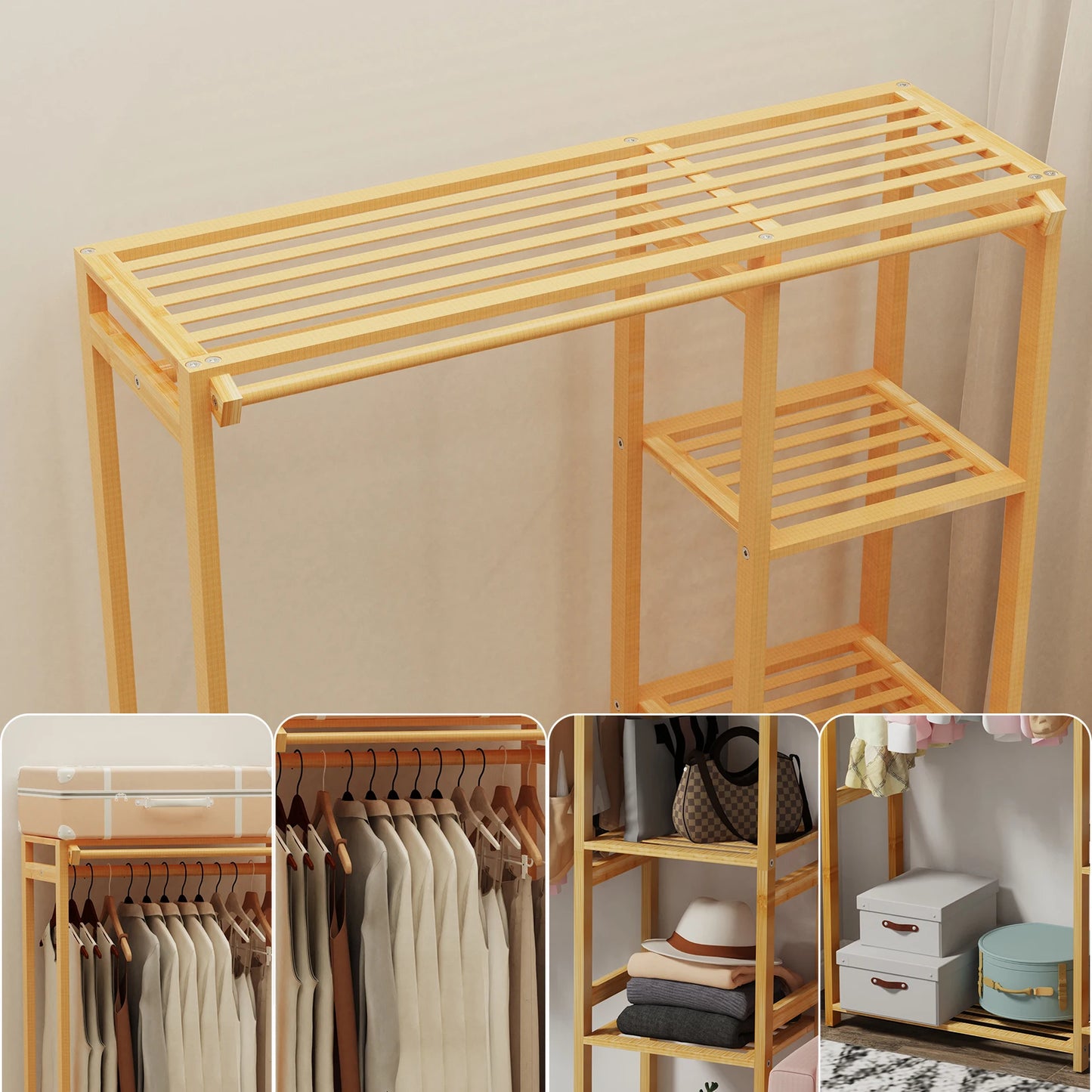 6 Tier Bamboo Garment Rack Open Wardrobe Closet Stand Storage Shelves with Hanging Cover Clothing Hanging Organizer