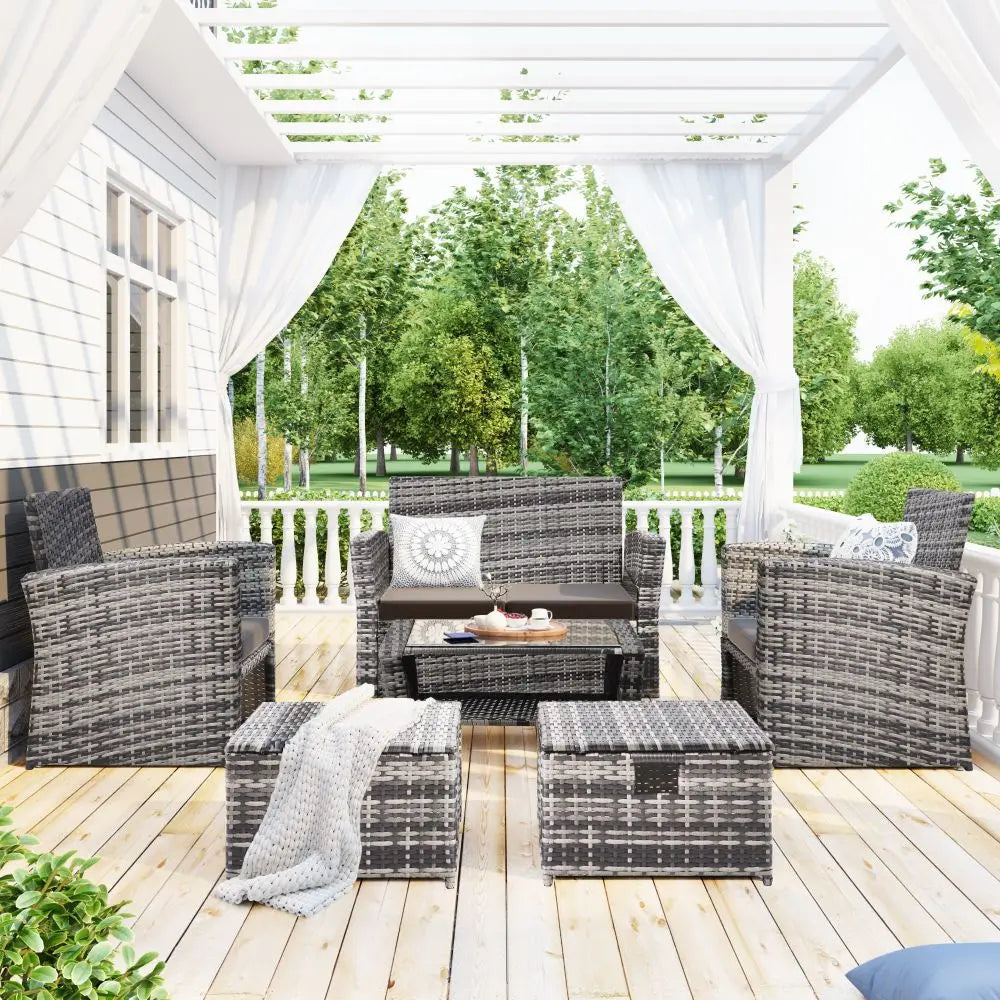 6 Pieces Garden Outdoor Patio Rattan Furniture Set, 6 Seater Sofa Set with Coffee Table & Footstools, Grey Rattan with Cushion