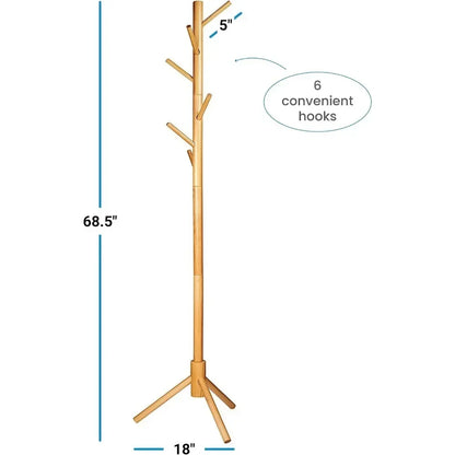 ZOBER Coat Rack Free Standing - Wooden Coat Tree W/ 6 Hooks - Coats, Purses, Hats - Adjustable Sizes, Easy Assembly - Natural