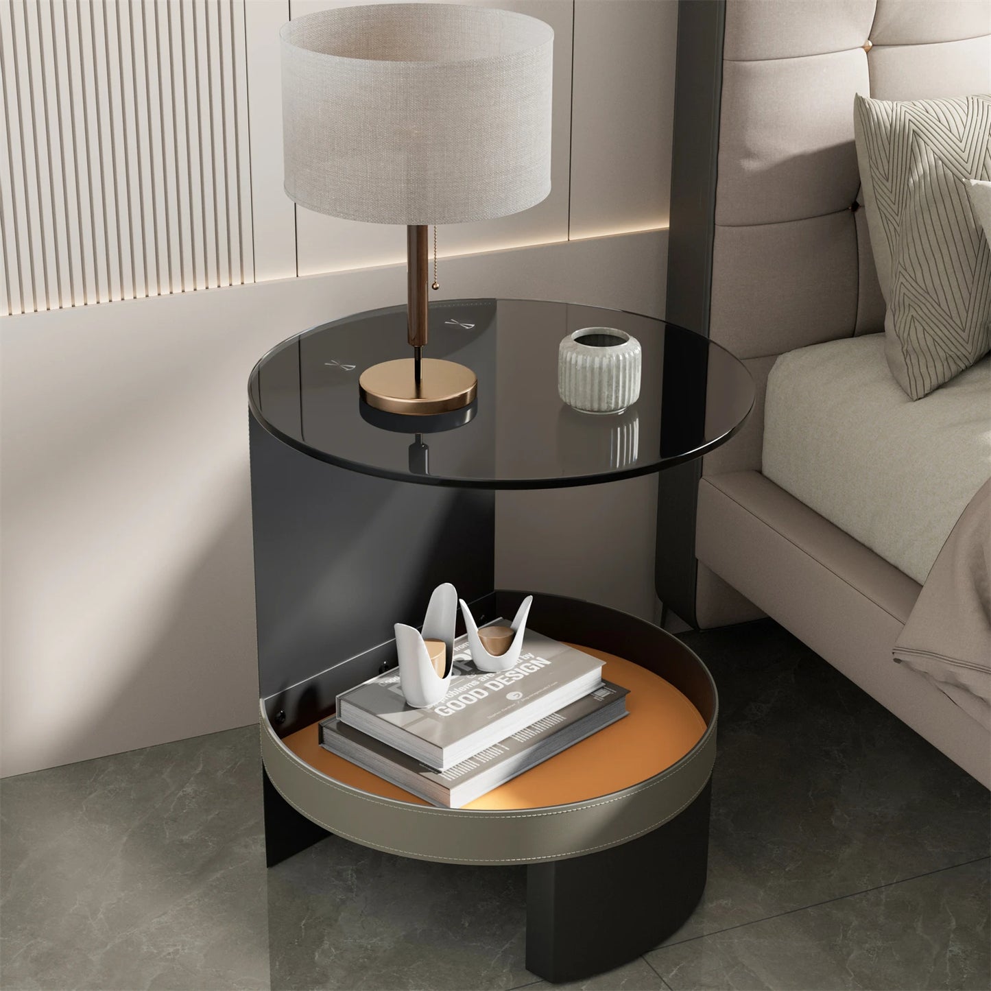 Unique 2-Tier Side End Table with Tempered Glass Top, Saddle Leather Shelf, Coffee Accent Table for Living Room and Bedroom