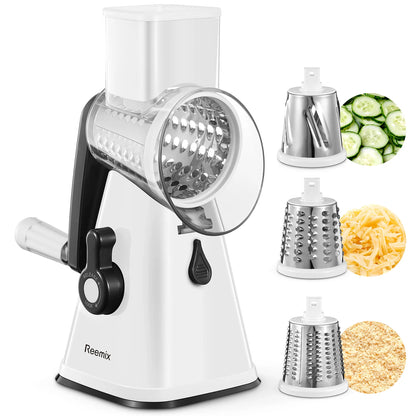 Rotary Cheese Grater, Reemix Rotary Vegetable Slicer, Rotary Kitchen Mandoline Vegetable Slicer with 3 Replaceable Stainless Ste