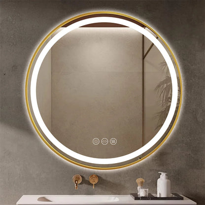 Round LED Illuminated Bathroom Mirror Hanging Wall Vanity Mirror Demister Dimmable Aluminum Fram HD Glass