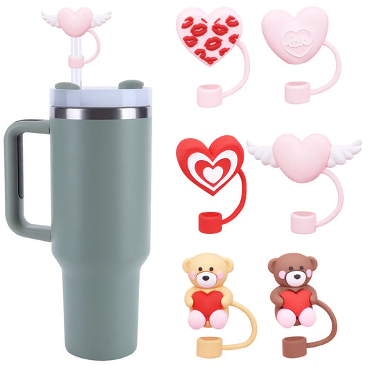 6Pcs Cute Heart Straw Covers Reusable Heart Cup Straw Covers Heart Straw Tips Protectors for Stanley 30/40oz Tumbler Accessories