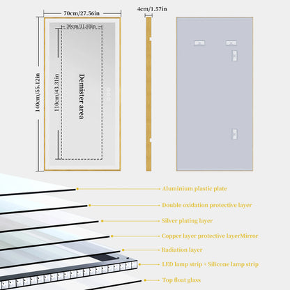 Overlength 140/151/160CM Rectangle LED Bathroom Mirror Gold Aluminum Frame Vanity MIirror Touch Defogging