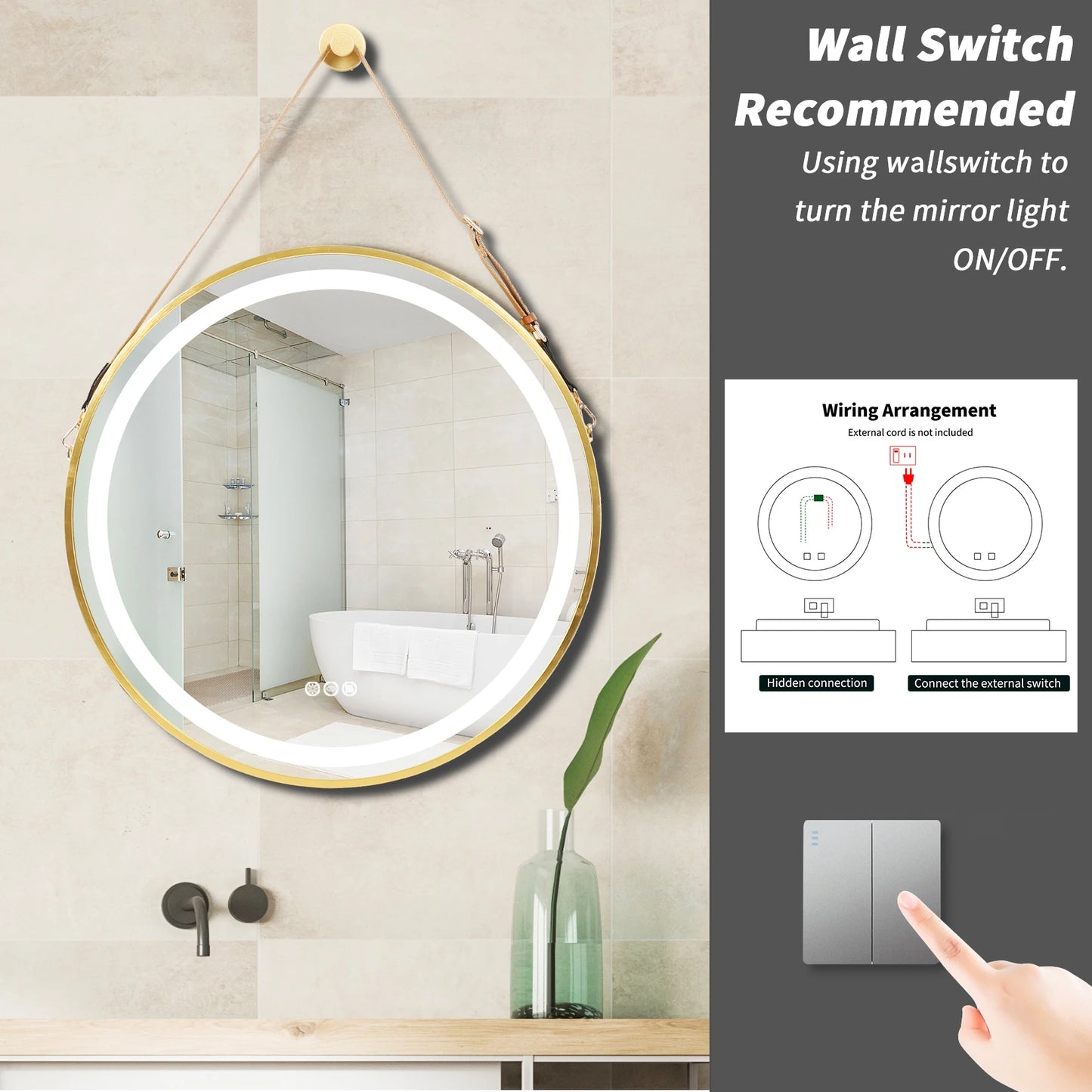 Round LED Illuminated Bathroom Mirror Hanging Wall Vanity Mirror Demister Dimmable Aluminum Fram HD Glass