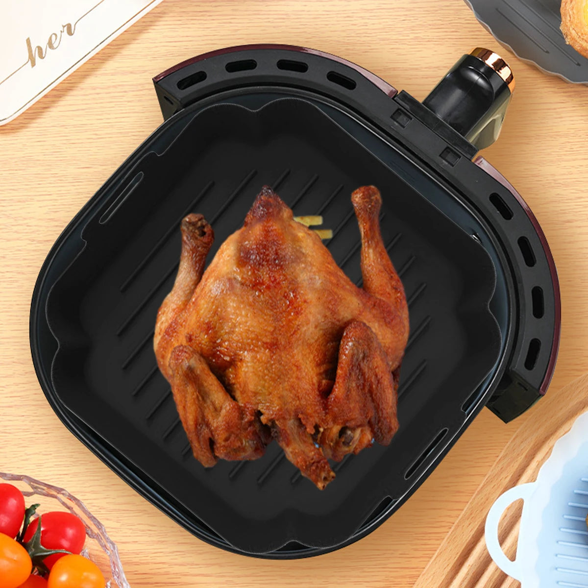 2Pcs Air Fryer Silicone Pot with Handle Reusable Air Fryer Liner Heat Resistant Air Fryer Silicone Basket Square Baking Tray Air