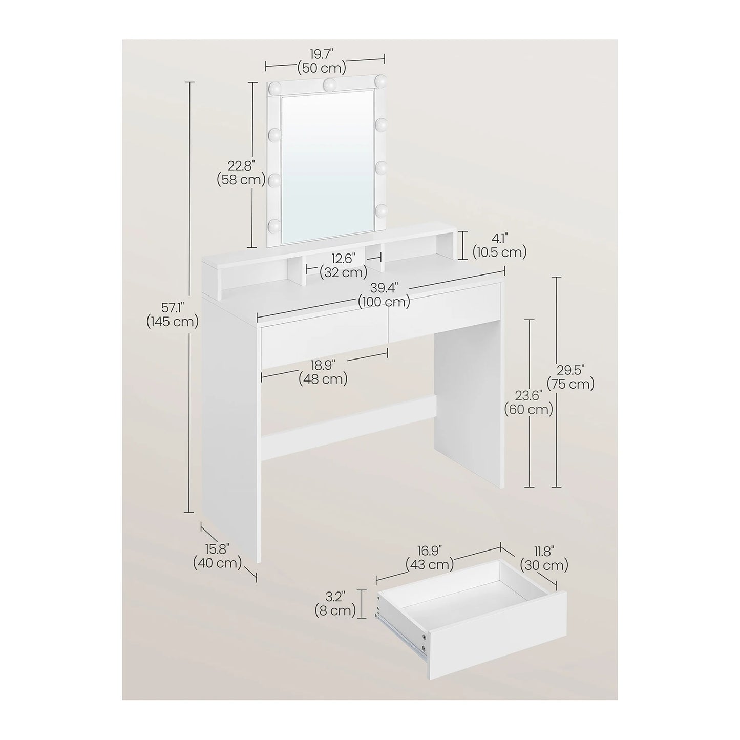 VASAGLE Dressing Table, LED Lights with Adjustable Brightness, Vanity Table with Mirror, 2 Drawers and 3 Compartments