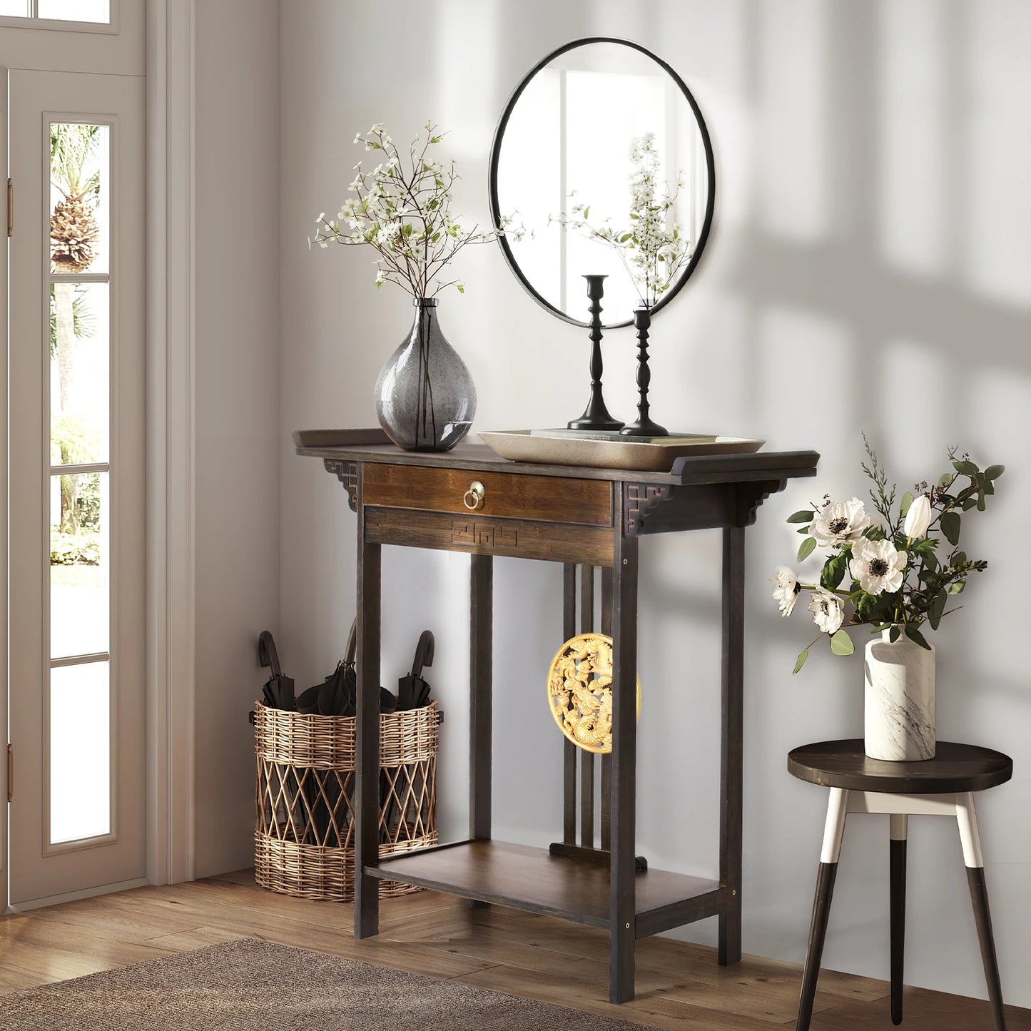 Rustic Brown Console Table with Drawer and Shelf, Sofa Side Table, Skinny Hallway Table, Chinese Entryway Furniture