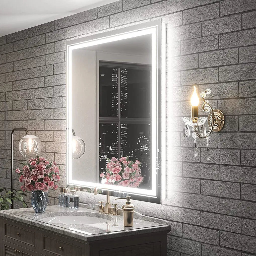 Smart Dimmable LED Bathroom Mirror, Large Square Anti-Fog Vanity Make-up Mirror, Dual Light, Demister Touch Switch, 32 ", 36"