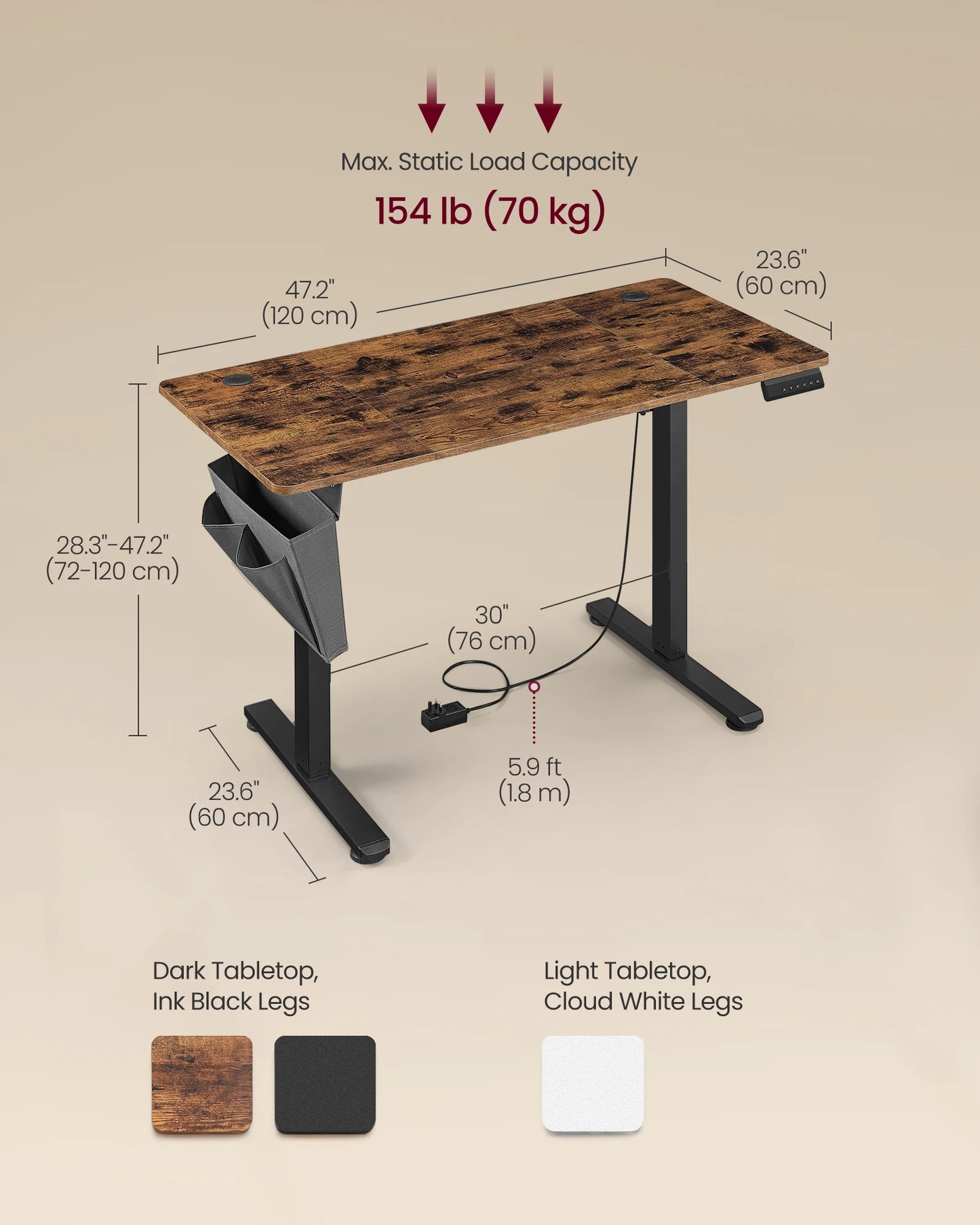 VASAGLE Electric Standing Desk, Height Adjustable Desk, 60 x 120 x (72-120) cm, 4 Memory Heights, Storage Pocket