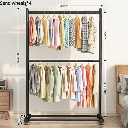 Simple Rolling Clothes Rack Double Layers Floor Standing Coat Hanger Stand Large Assembled Wardrobe Shoe Shelves Home Furniture