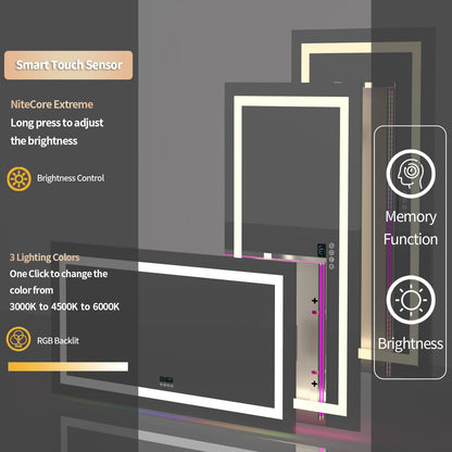 Rectangular LED Bathroom Mirror, Front-lit, RGB Backlight, Touch Antifog Vanity Mirror with Date and Time Bluetooth Speaker