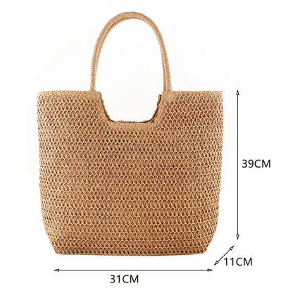 Women Straw Woven Shoulder Bag Solid Color Shoulder Summer Woven Pouch for Women Handmade Traveling Handbags Underarm Bags