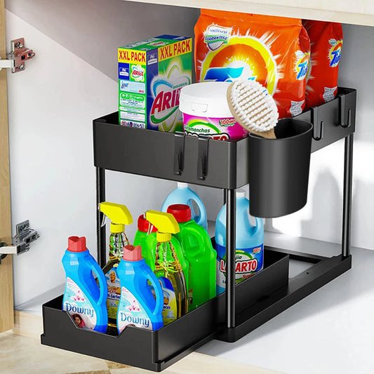 Organize Your Bath and Kitchen with Stylish 2 Tier Under Sink Sliding Cabinet Basket Organizer Rack - Includes Hanging Cup for E