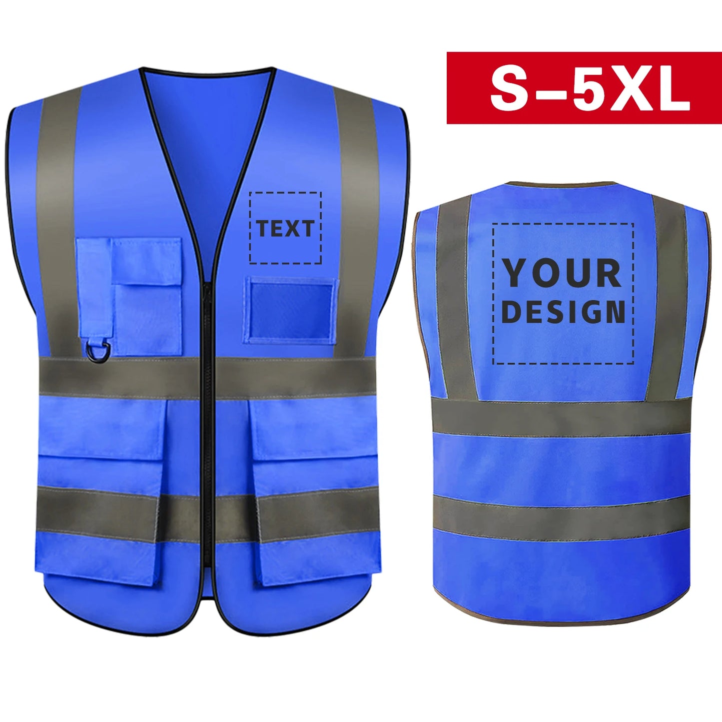 S-5XL Custom LOGO Safety Vest Reflective Vest with Pockets and Zipper High Visibility Construction Vest Workwear