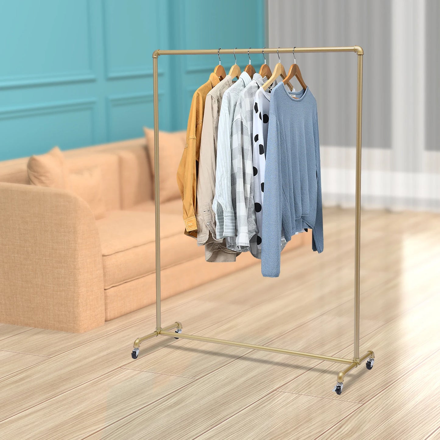 ‎Floor Standing Galvanized Pipe Clothing Rack With Wheels  120*40*160cm Coat Rack For Family Clothes Display