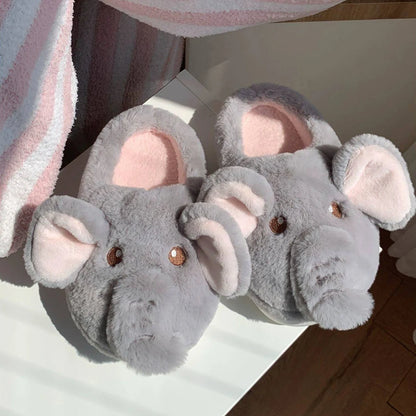 Plush Elephant Slippers Slip-on House Shoes Cute Thermal Home Slippers Comfortable Fluffy Couple Slippers Non-Slip for Men Women