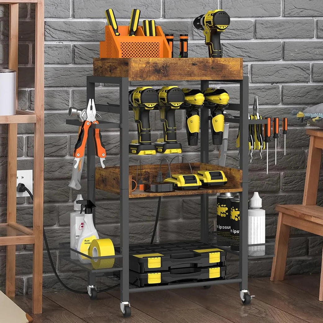 Rolling Power Tool Organizer Cart, Storage Cart on Wheels , with Drill Rack, Open Tool Organizer, Heavy Duty, 4 Tier