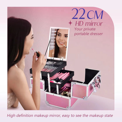 Portable Makeup Case with Mirror 2 Trays Lock Alloy Make-up Suitcase Travel Cosmetic Jewelry Nails Storage Box for Manicure Tech