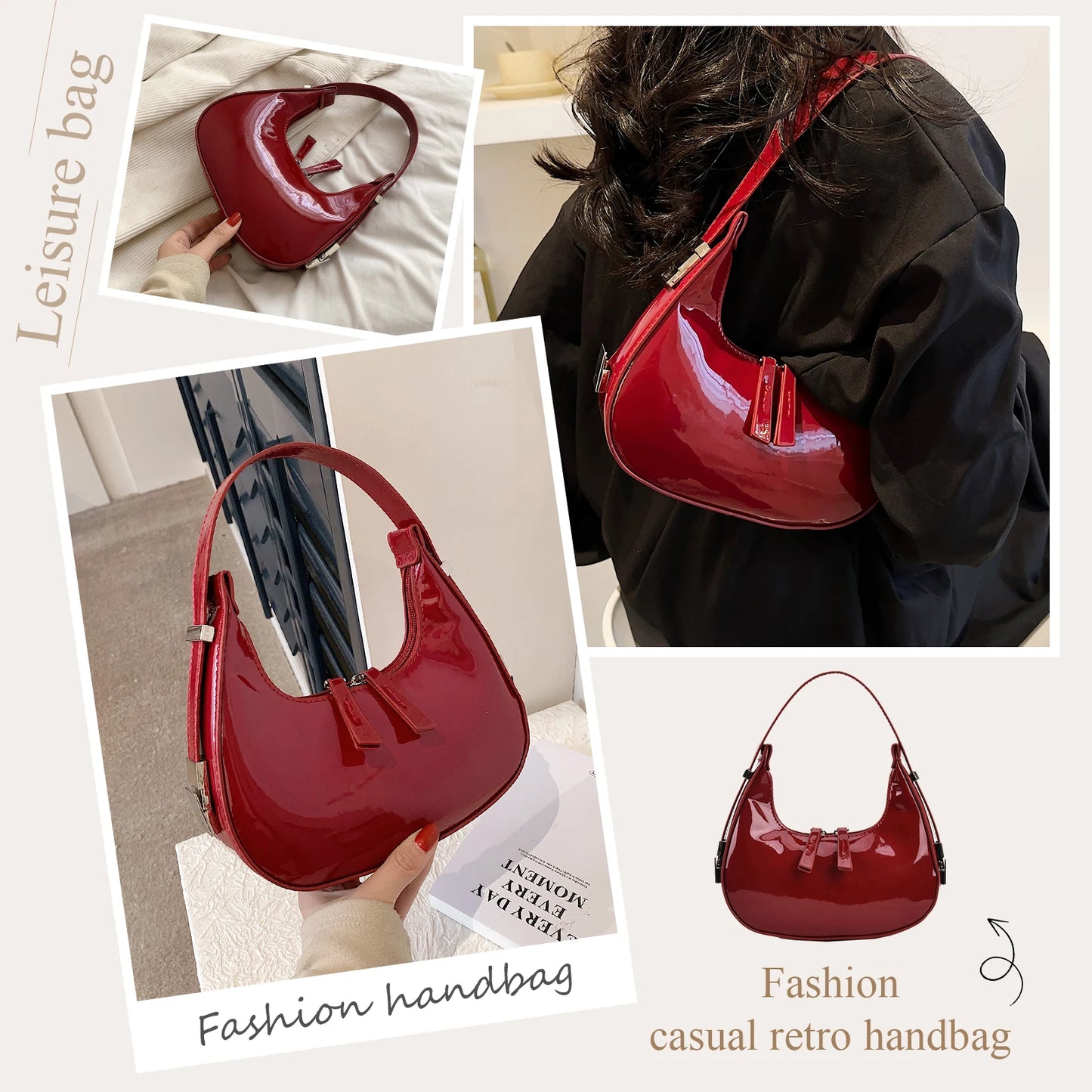 Retro Red Bag for Women Girls Half Moon Bag Small Hobo Shoulder Bags PU Leather Mini Tote Handbag Luxury Ladies Clutch Purses