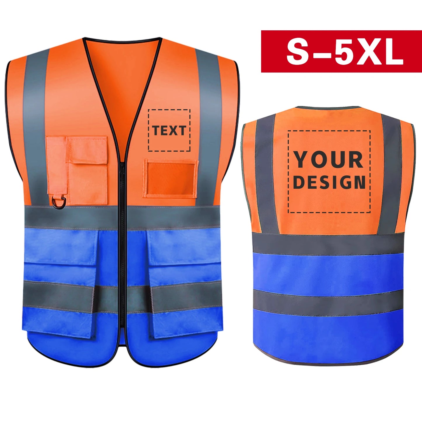 S-5XL Custom LOGO Safety Vest Reflective Vest with Pockets and Zipper High Visibility Construction Vest Workwear