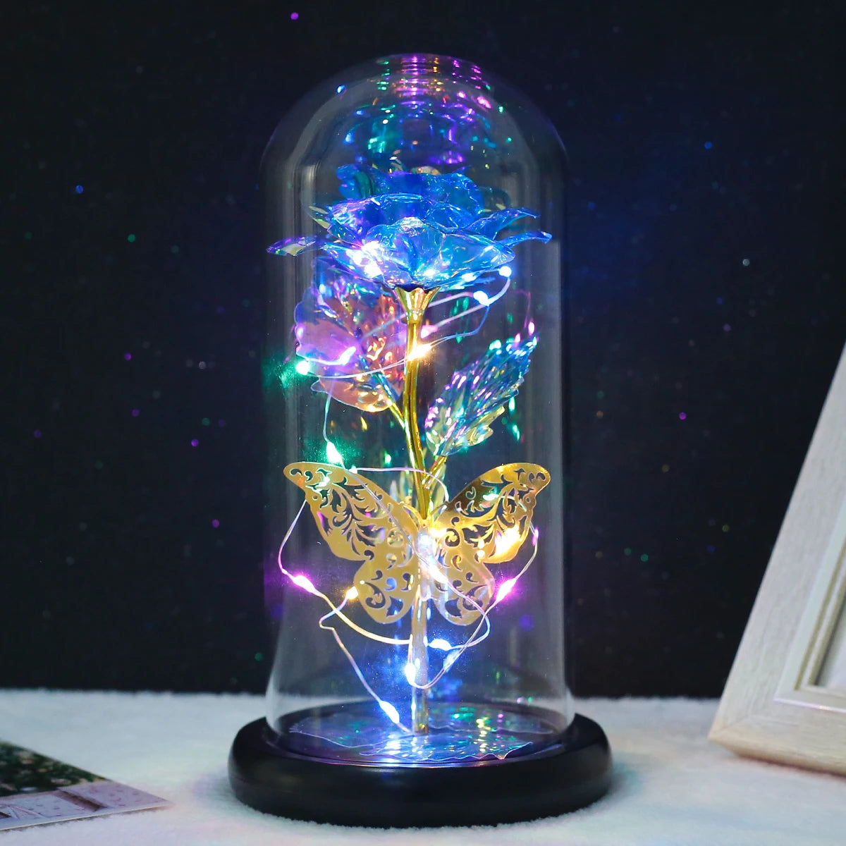 Rose Light Artificial Galaxy Rose Lamp with Butterfly  Colorful LED Rose Flowers In Glass Valentine's Mother Day Gift for Women