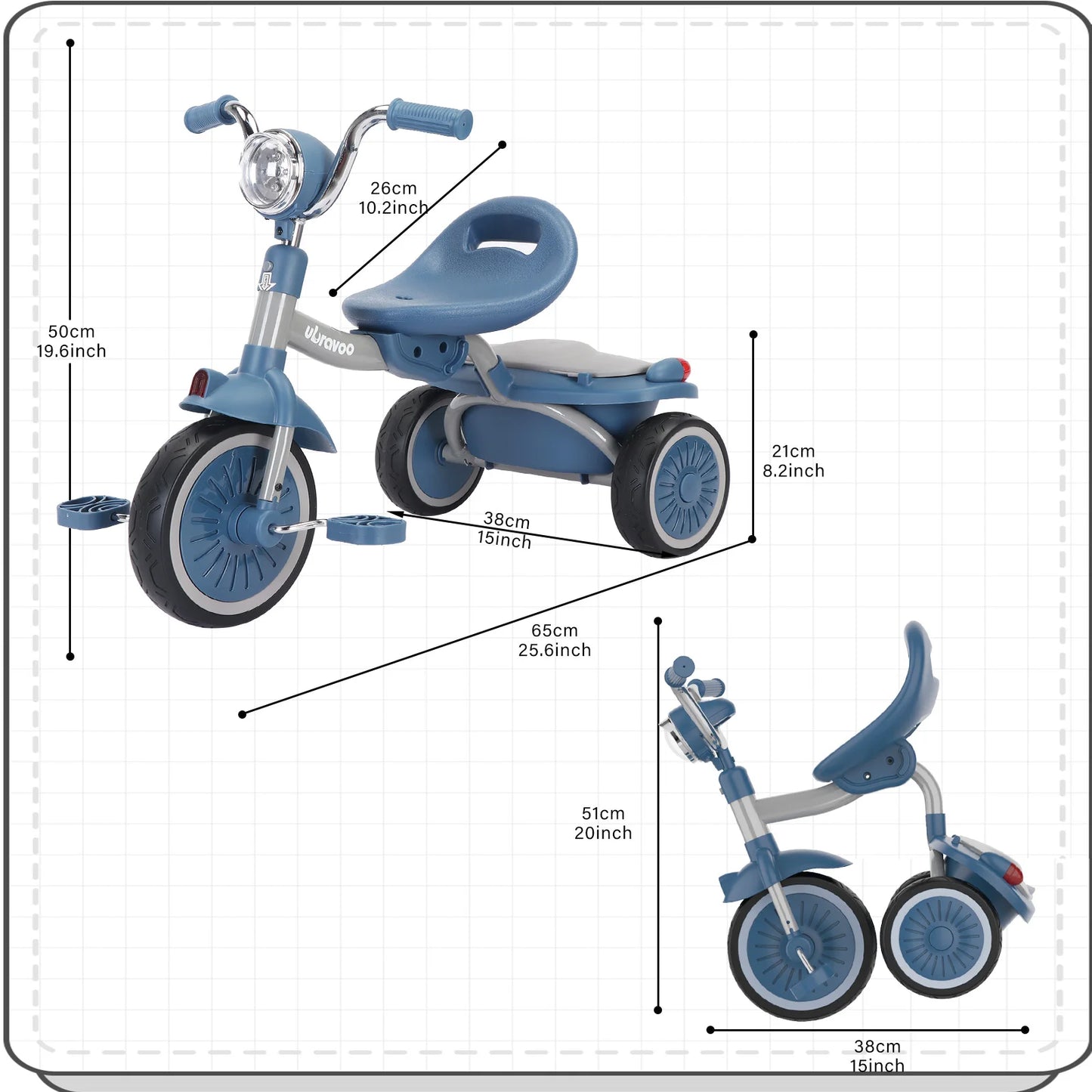 UBRAVOO Baby Foldable Tricycle Trike with Pedals,Unique PU Wheels with Elasticity Shock-absorbing Effect,Cool Lights,1-5 Years