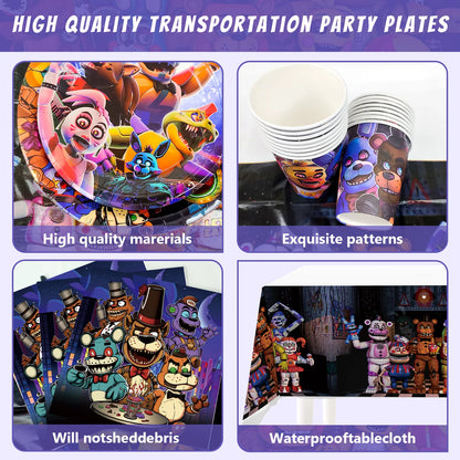 Fnaf Birthday Party Supplies,128pcs Five Nights at Freddy's Birthday Decorations&Tableware Set-Plates and Cups Tablecloth Banner