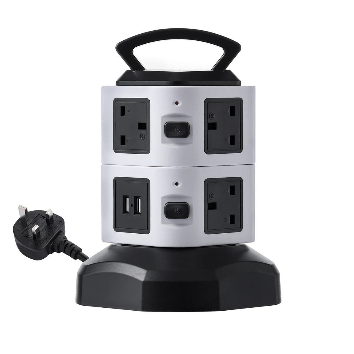 Vertical Power Strip 7/11/15 Ways Tower Socket Surge Protector UK Plug Multi Outlets with 2 USB 2m Extension Cable Home Office