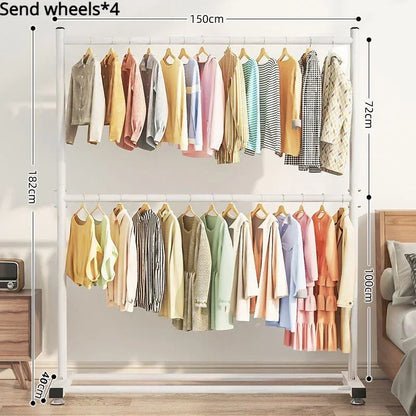 Simple Rolling Clothes Rack Double Layers Floor Standing Coat Hanger Stand Large Assembled Wardrobe Shoe Shelves Home Furniture