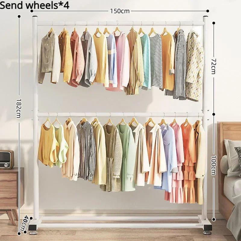 Simple Rolling Clothes Rack Double Layers Floor Standing Coat Hanger Stand Large Assembled Wardrobe Shoe Shelves Home Furniture