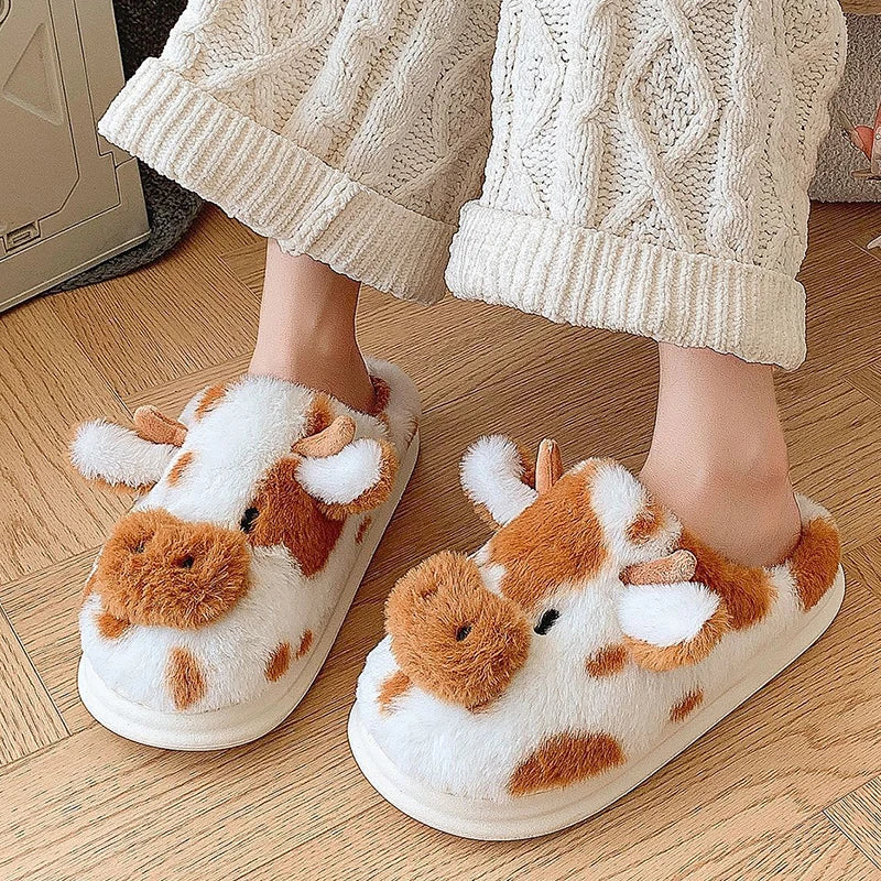 Women's Winter Warm Cartoon Cow Slippers Closed Toe Non Slip Furry House Shoes Women Indoor Bedroom Thick Sole Plush Slippers