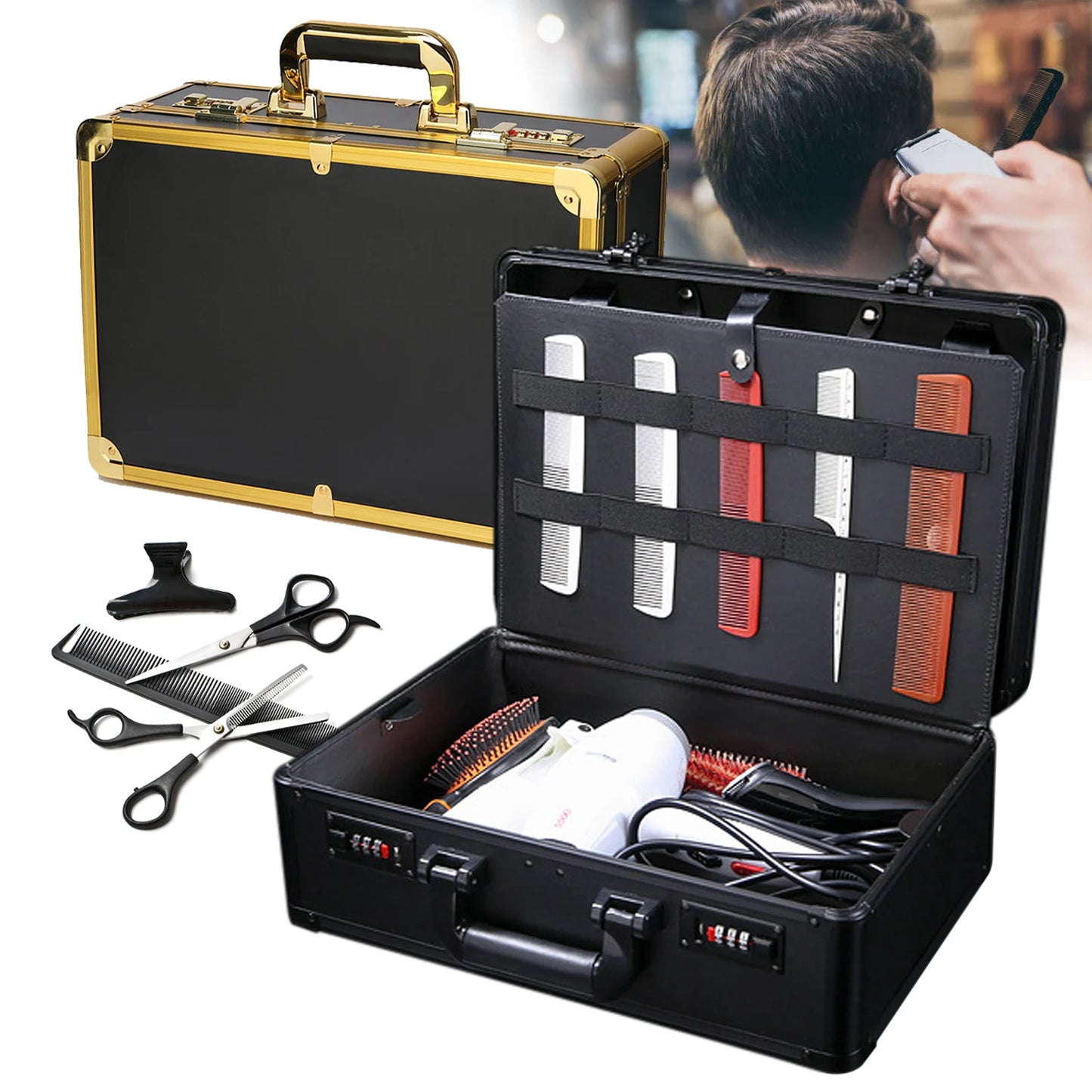 Large Hairdresser Case Gold Salon Beauty Barber Tool Kits Travel Carry Toolbox