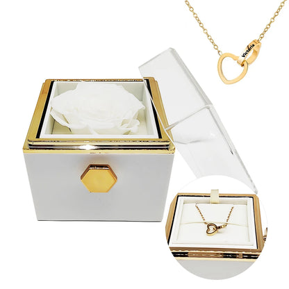 Rotating Jewelry Box with Engraved name Necklace Forever Flower Preserved Rose Box Mother's Day Birthday for Mom Wife Girlfriend