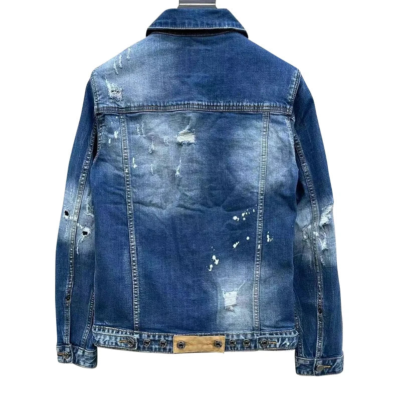 100 CHAREI HARPER 1918 Denim jacket men's high quality wash white coat young hipster men hole patch wash splash ink jacket