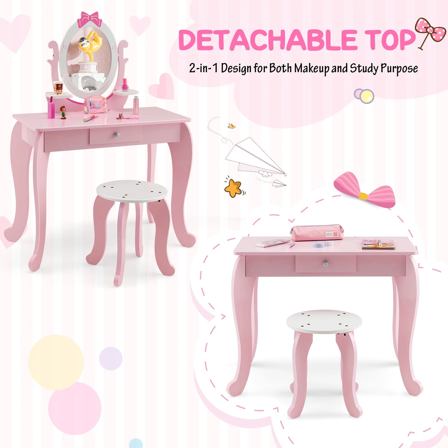 GOFLAME 2-in-1 Kids Vanity Table Set, Princess Pretend Play Makeup Table w/ Stool