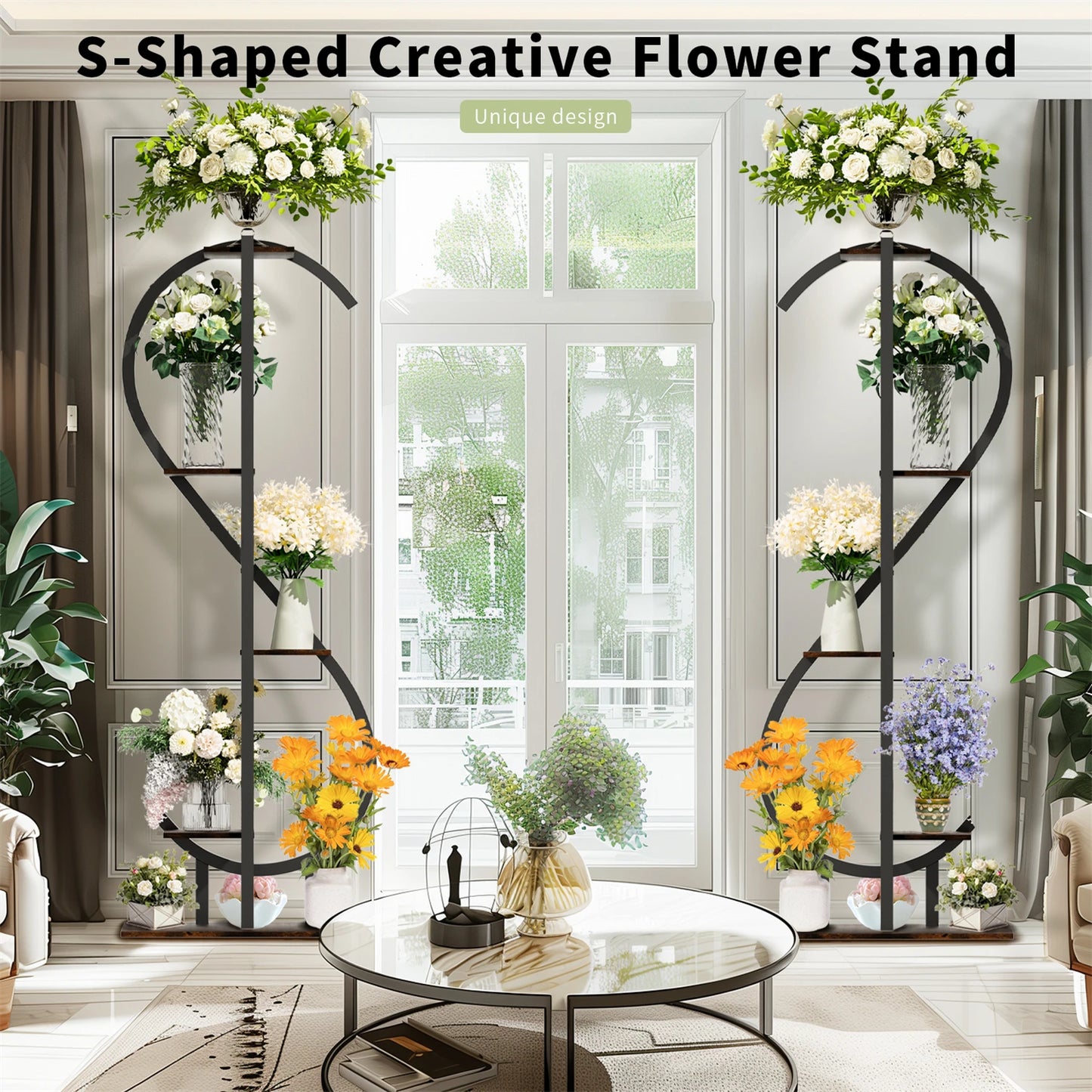 5 Tier S-shaped Plant Stand for Balcony Patio Garden Flowers Display Stand, Wood and Metal, Black