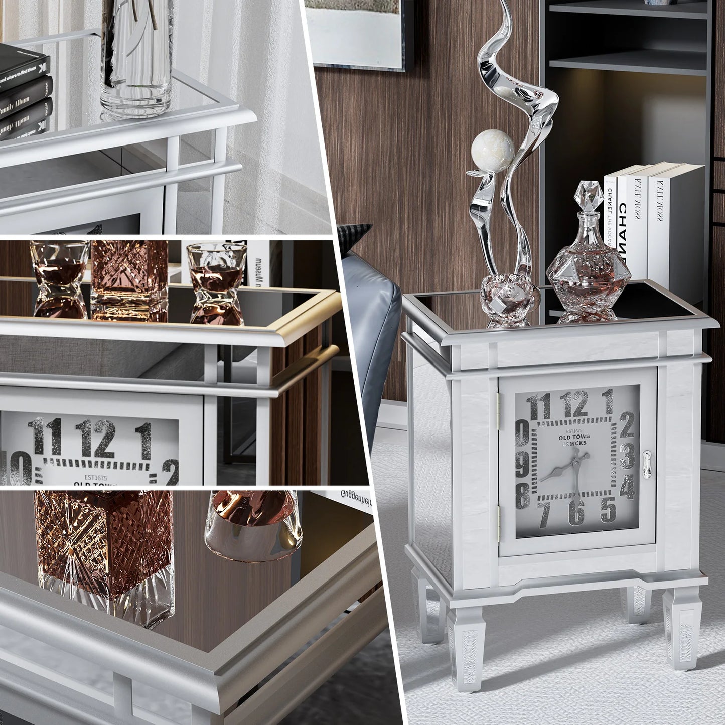 Silver Mirrored Glass Bedside Table Nighstand Side Table Cabinet with Quartz Clock and Storage Cabinet